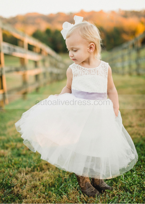 Ivory Lace Tulle Keyhole Back Fancy Flower Girl Dress